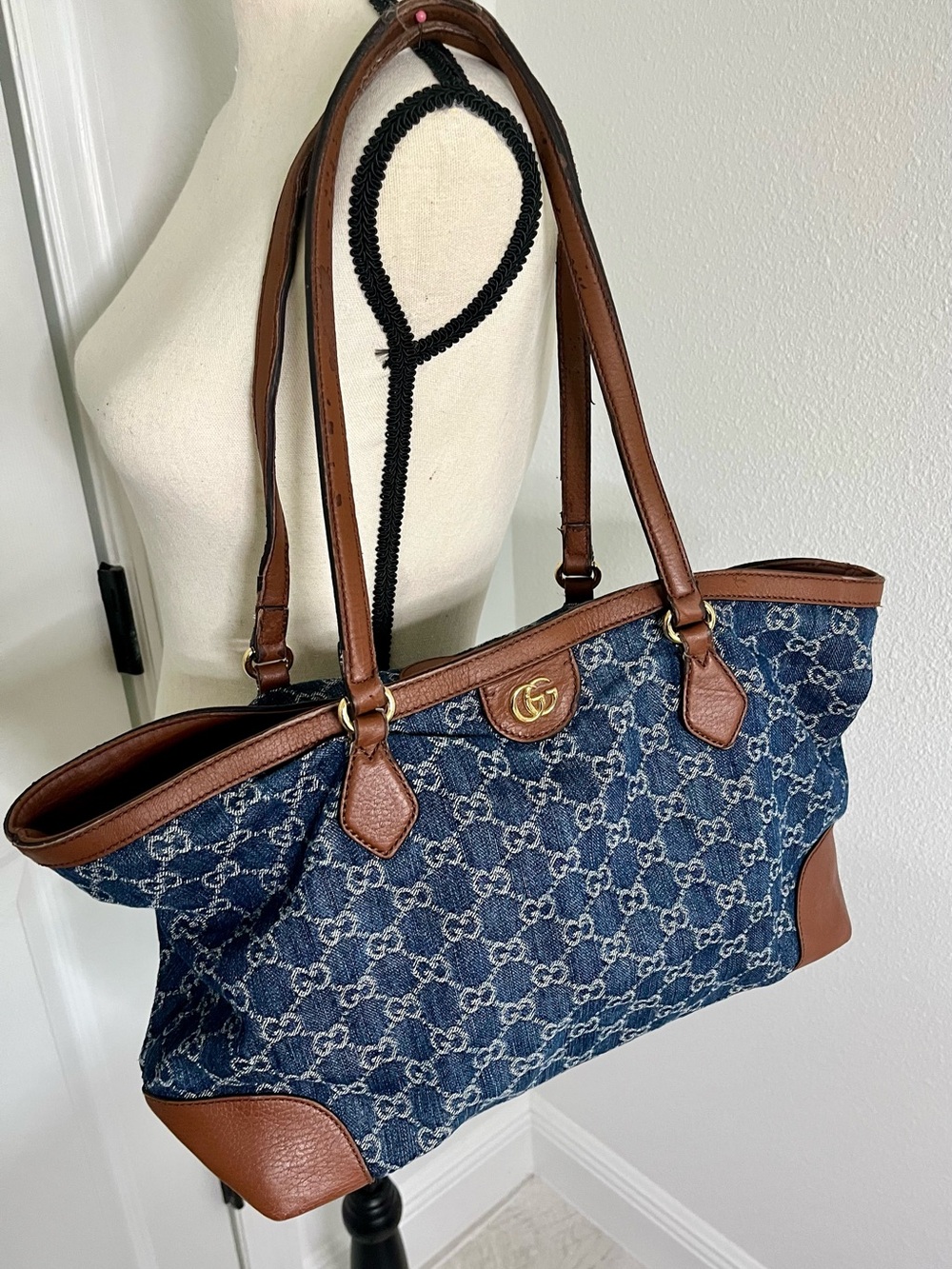 Gucci Blue Denim GG Canvas Tote with Brown Leather Trim and Gold Hardware- AS IS